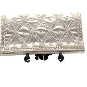BON SOIR Vintage Beaded Clutch Women Ivory Satin Italian Beads Japan READ